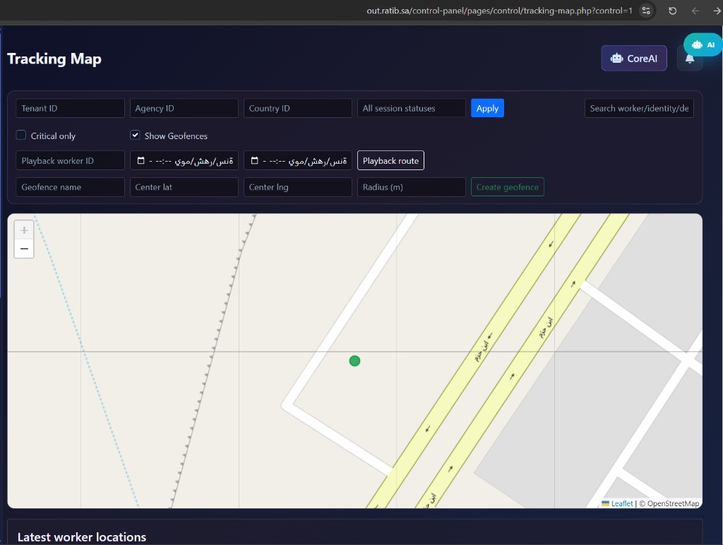 Tracking map with geofence controls and workforce location marker